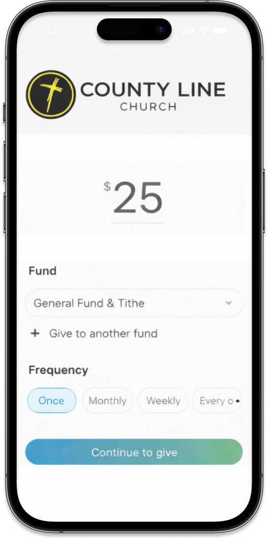 Mobile phone showing County Line Church online giving platform and donation options
